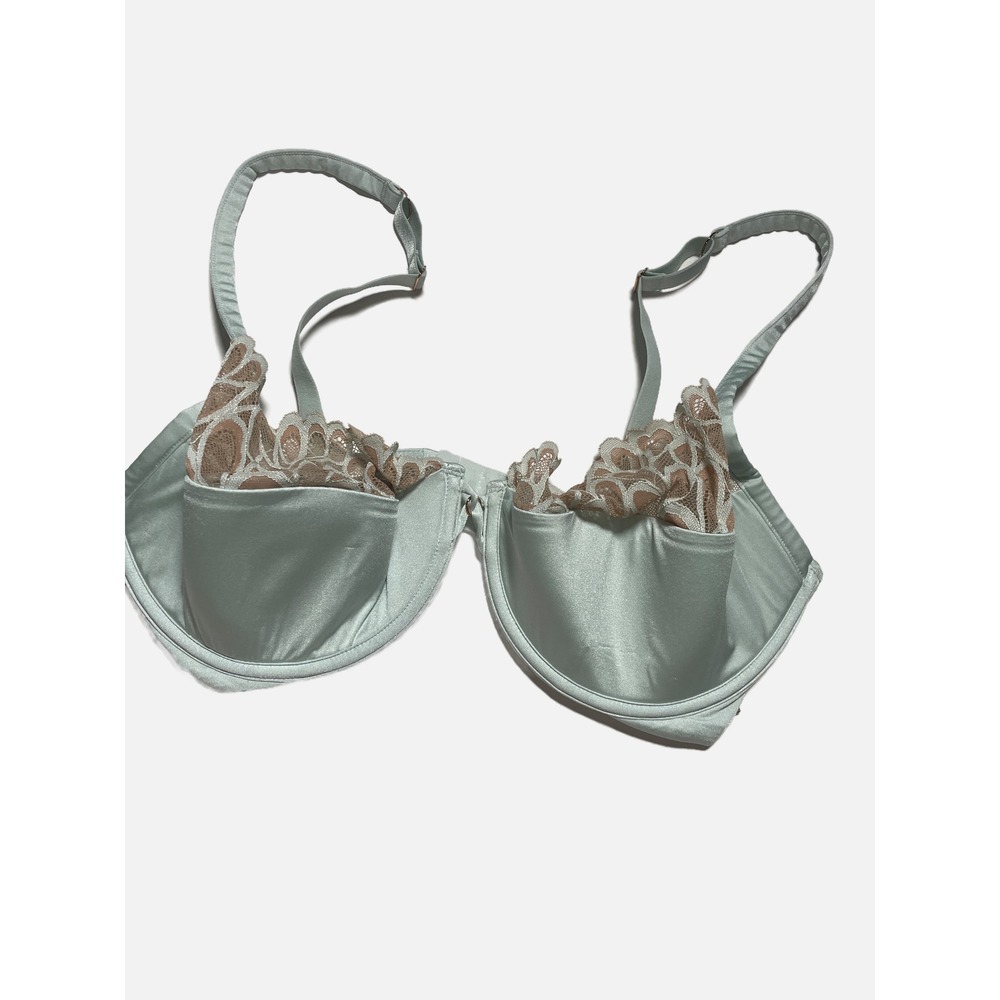 Savage X Fenty Bra Womens 36F Sage Green Lace Trim Satin Underwire Lingerie